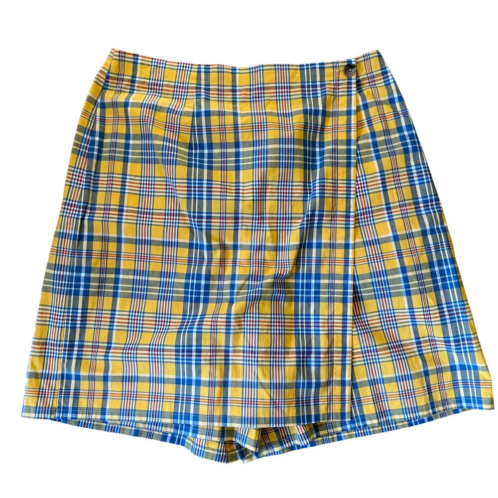 J. Peterman Co Plaid Cotton Skort Sz 12 Yellow Blue Red Wrap Style Preppy Retro